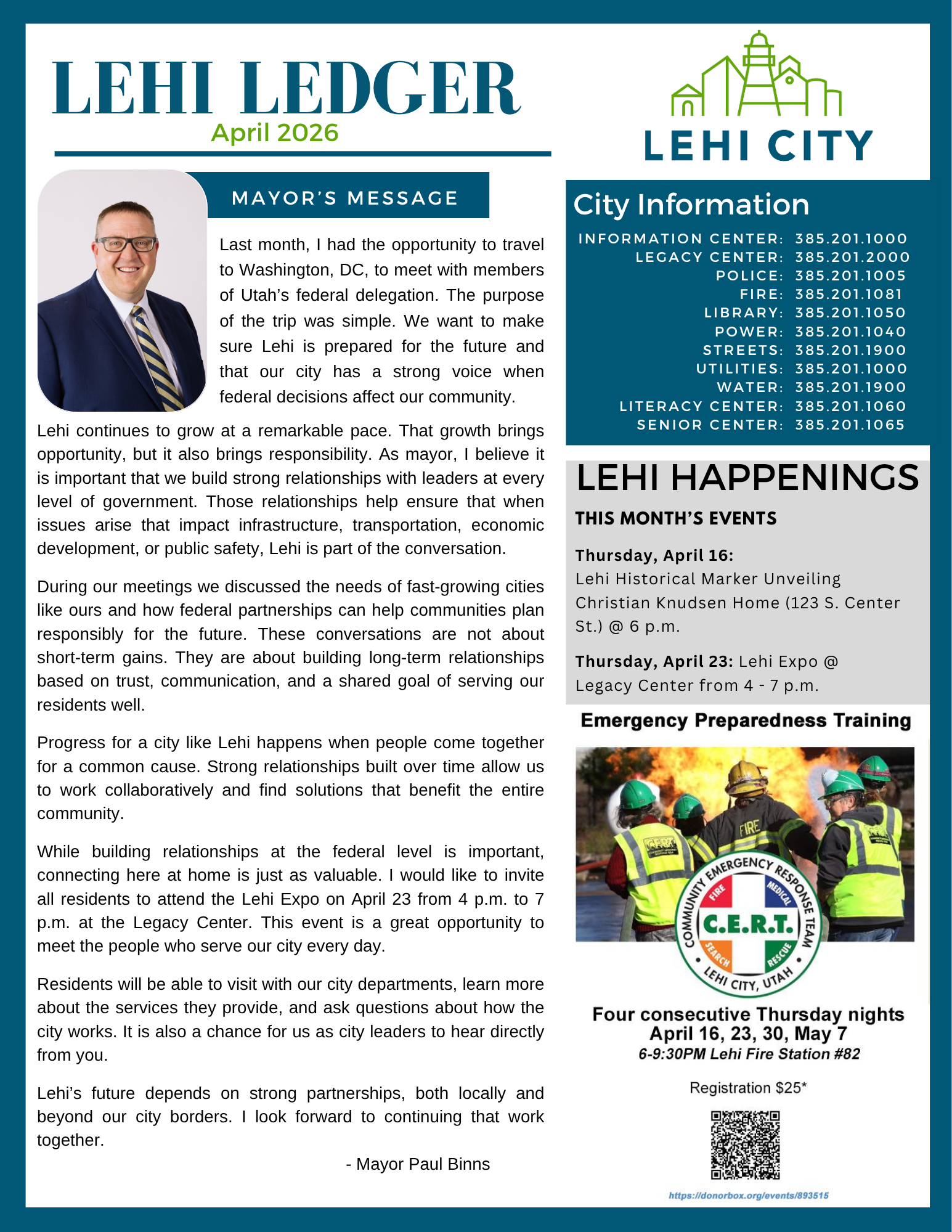 Front page of the April 2026 Lehi newsletter