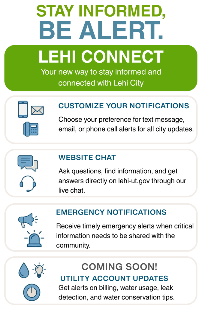 Lehi Connect graphic with the communication tool's features