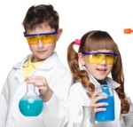 A boy and girl in lab coats with beakers