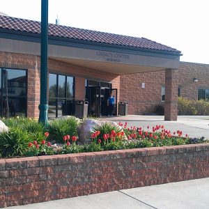 Front view of Legacy Center and flower container