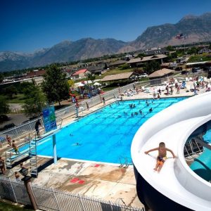 View of the pool from the top of the slide tower