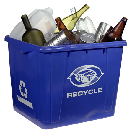 blue recycling bin with glass bottles inside