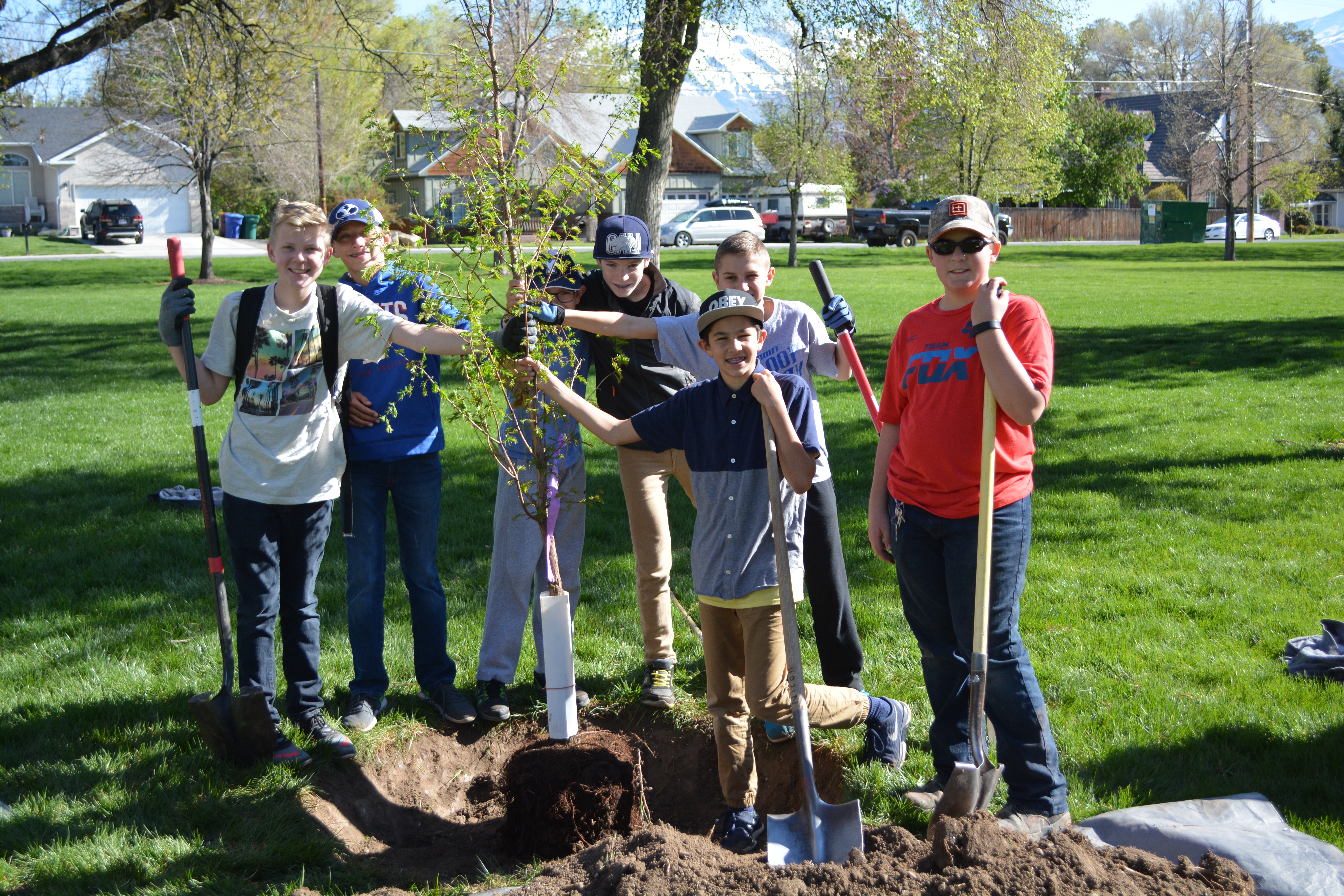 Middle school age boys planting a tree